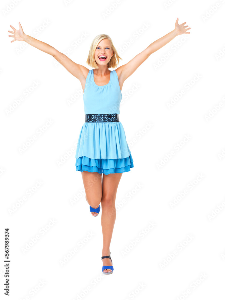 Isolated, winner and freedom with portrait of woman and mockup for celebration, motivation and success. Wow, happy and goals with girl on white background studio for party, confident and achievement Isolated, winner and freedom with portrait of woman and mockup for celebration, motivation and success. Wow, happy and goals with girl on white background studio for party, confident and achievement