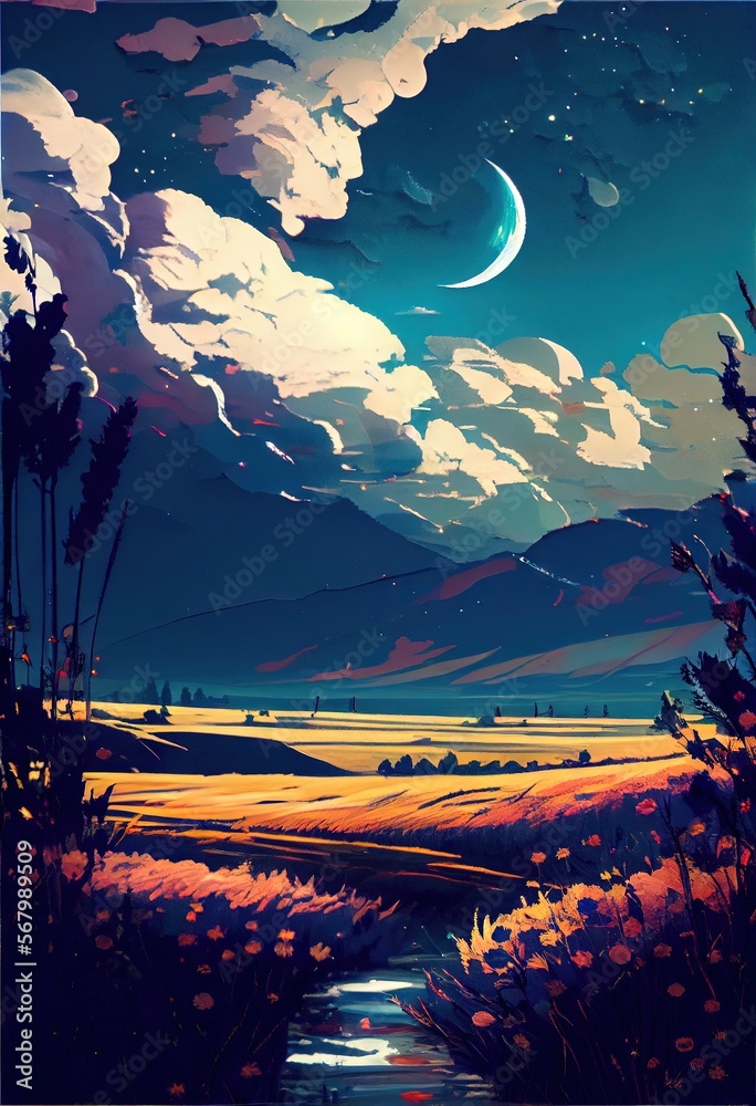 A peaceful soothing landscape at night, a field of wheat, a dark night sky with moon, clouds, and stars bright colors. AI generated art illustration.