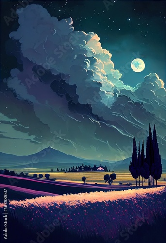 A peaceful soothing landscape at night, a field of wheat, a dark night sky with moon, clouds, and stars bright colors. AI generated art illustration.