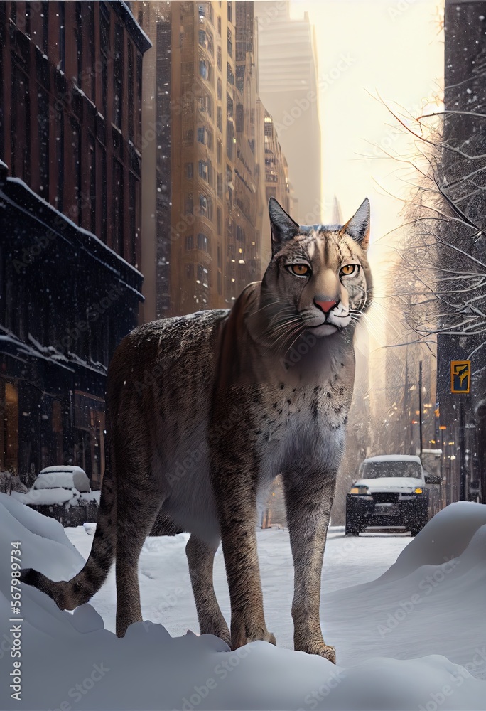 Obraz premium A big savage cat walking alone in a city under snow. AI generated art illustration.