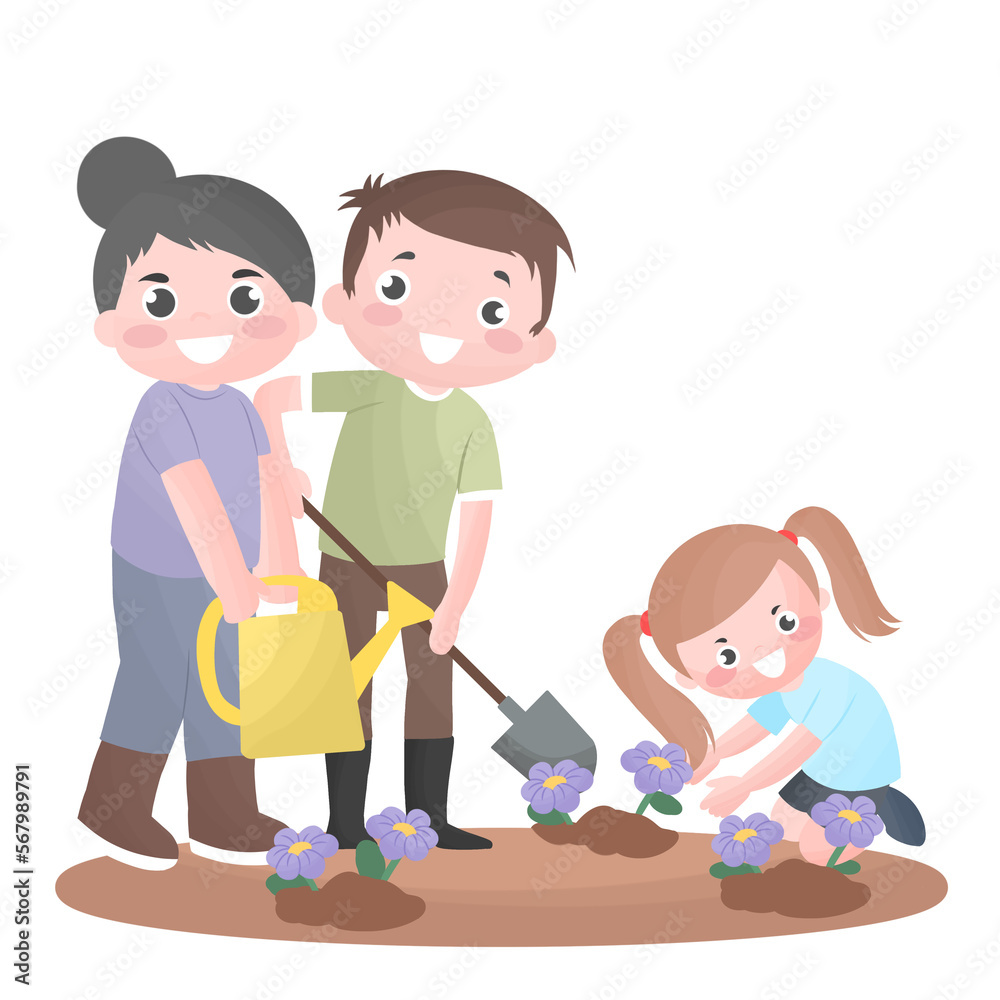 Man, woman, girl planting trees, Cartoon illustration with father, mother and daughter plant tree in their garden, Happy family planting outdoors.