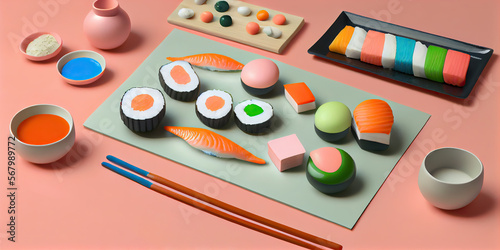 Soft pop 3D clay, delicious sushi on a colorful minimal cutlery arrangement in cartoon style. For food lovers and sushi enthusiasts. Vibrant colors, ppetizing scene. With copy space. Generative AI. photo