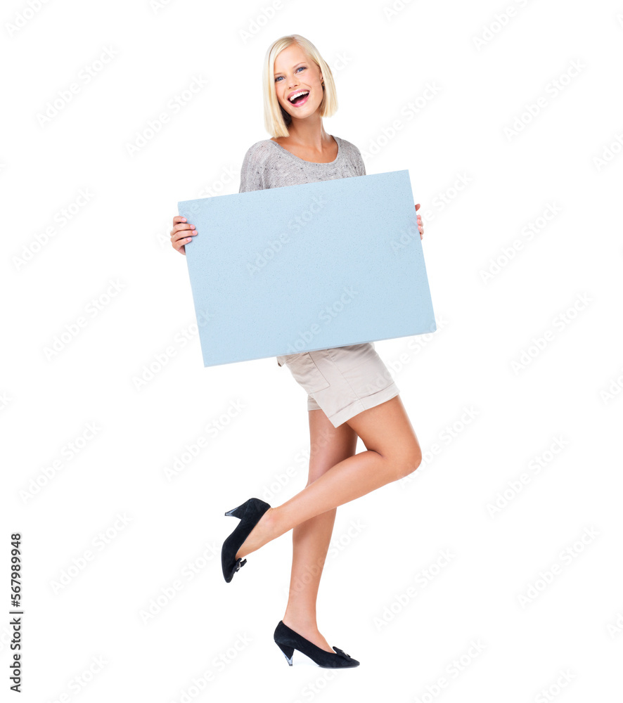 Deal, poster and woman holding a board advertising, marketing and billboard for sale, mockup or giveaway. Portrait, blonde and female showing brand as branding isolated in a studio white background Deal, poster and woman holding a board advertising, marketing and billboard for sale, mockup or giveaway. Portrait, blonde and female showing brand as branding isolated in a studio white background