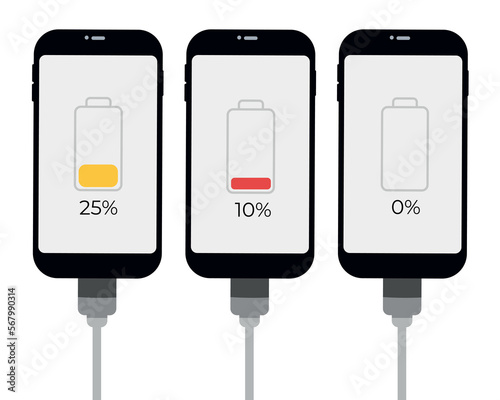 Set of smartphones with battery level indicator and USB connection. Vector infographic.