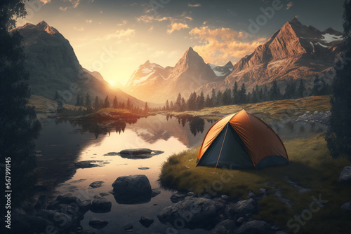 tent and in the background a mountain and a river, summer sunrise. Ai generated art