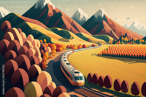 Aerial shot of a fast train speeding past a picturesque scene of wine fields on a sunny autumn day in Mezzocorona, Trentino, Italy, with a towering mountain wall in the distance. Generative AI photo