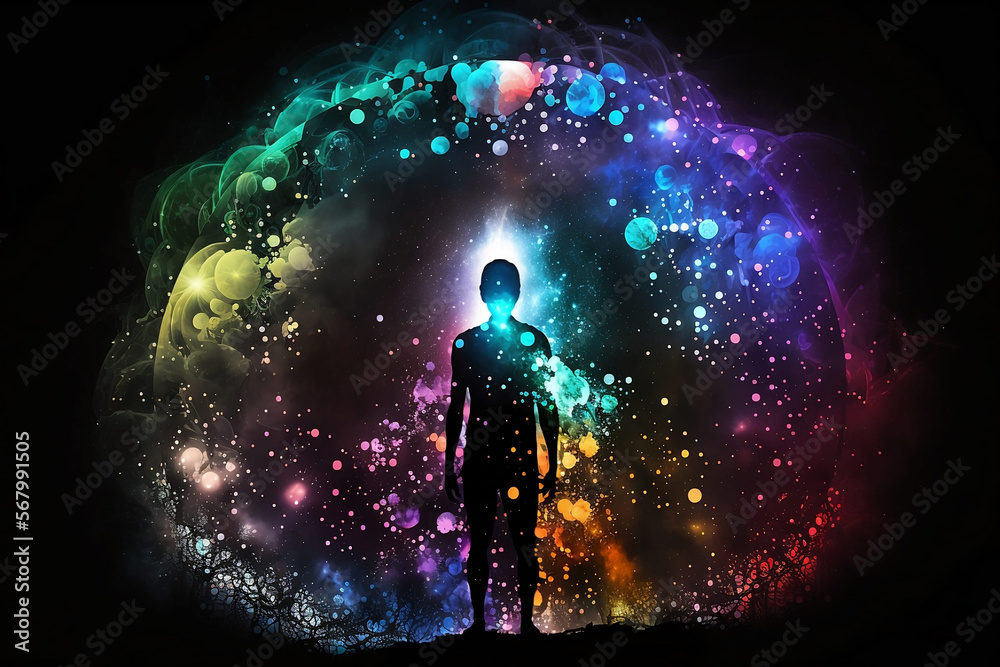 colorful illustration man on a dark multicolored space background