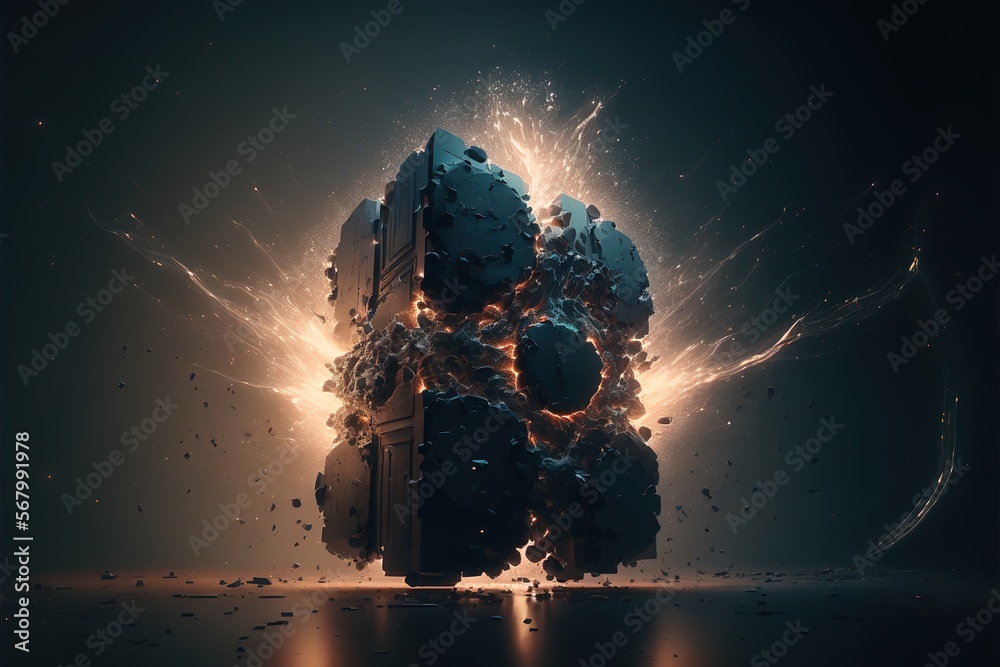 A computer generated image of a building with a massive explosion of ...