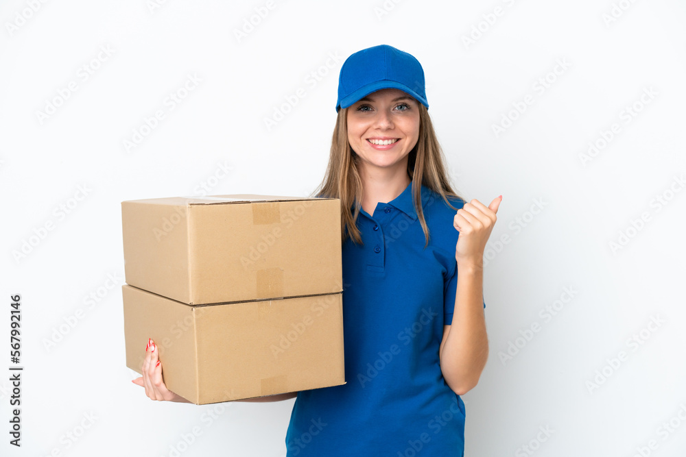 Delivery Lithuanian woman isolated on white background pointing to the side to present a product Delivery Lithuanian woman isolated on white background pointing to the side to present a product