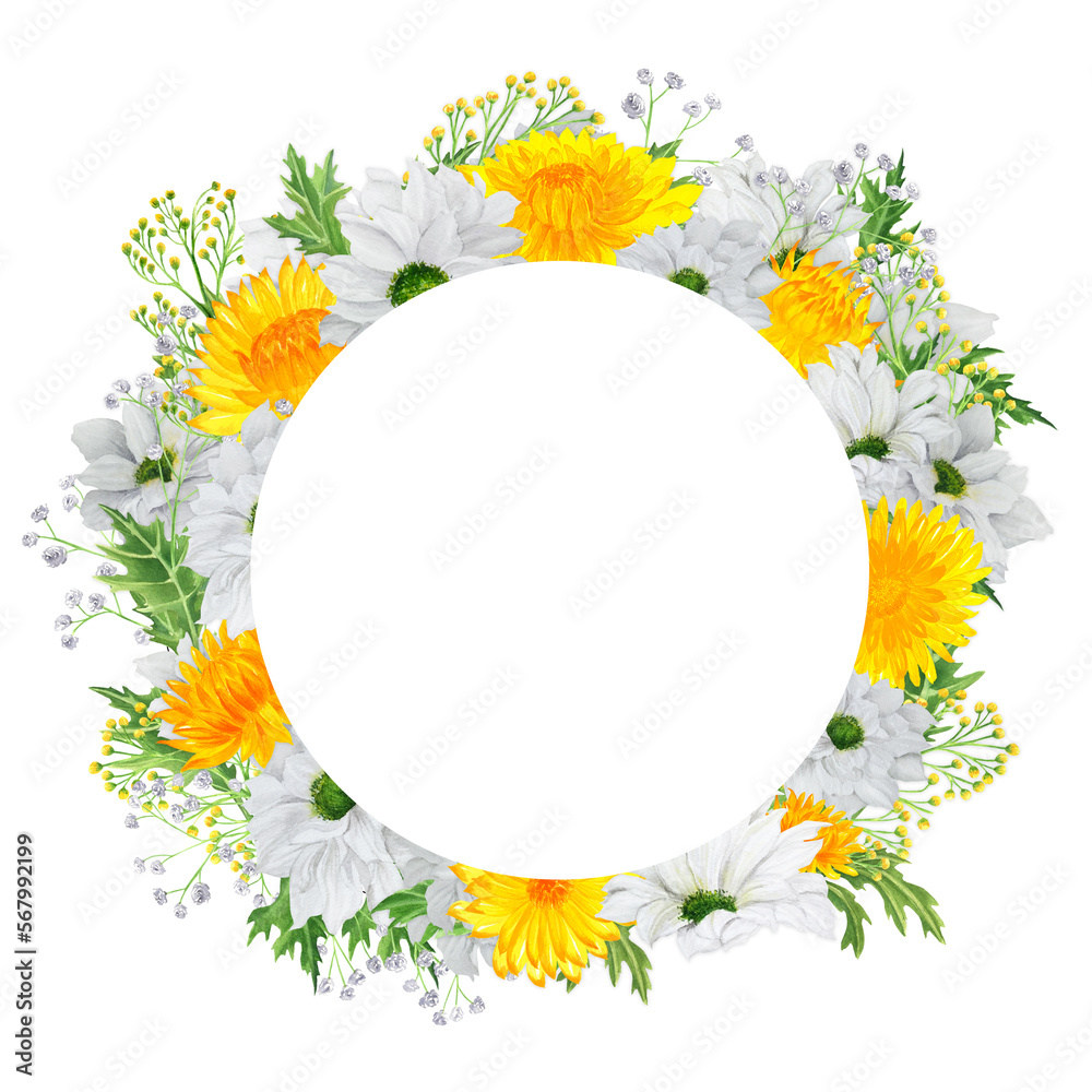 Hand-drawn watercolor wreath with white and yellow chrysanthemum with gypsophila and solidago