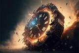 A clock that is in the middle of a fire and ice explosion with a black background and a yellow and red light a 3d render kinetic art artistic hd