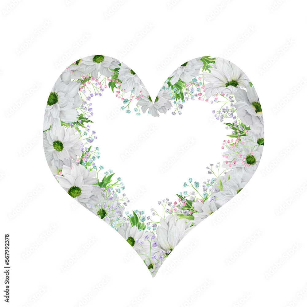 Hand-drawn heart-shaped watercolor wreath with white chrysanthemum with colored gypsophila