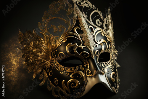 A stunning carnival mask from Venice. White and gold. Glow, enigma, and shadowy setting. Generative AI