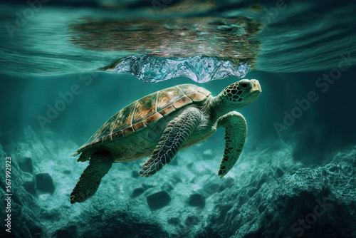 A sea turtle sways in the clear water. Turtles swim in the ocean. Generative AI