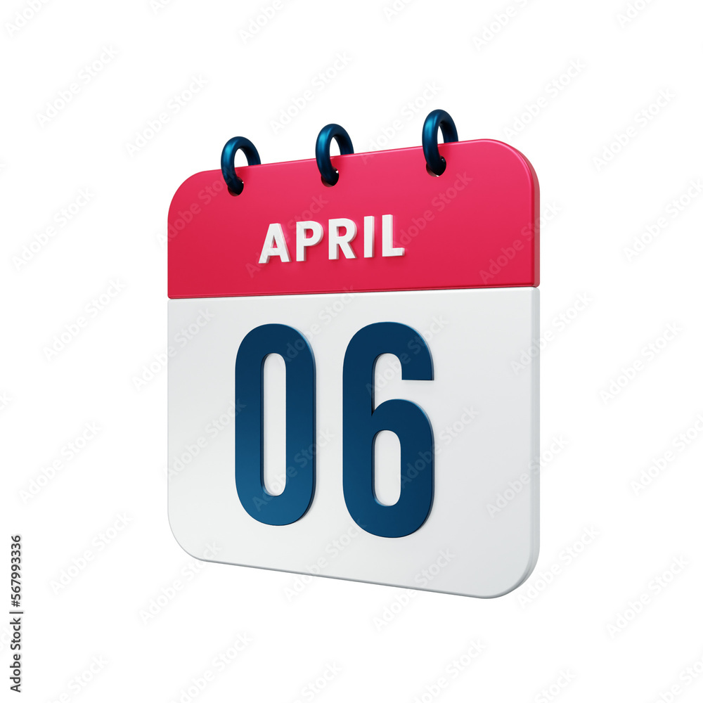April Realistic Calendar Icon 3D Rendered Date April 06 April Realistic Calendar Icon 3D Rendered Date April 06