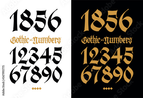 Gothic figures. Vector. Beautiful and stylish calligraphy. Elegant European typeface for tattoo. Medieval modern style. Black symbols and numbers are saved separately on a white background.