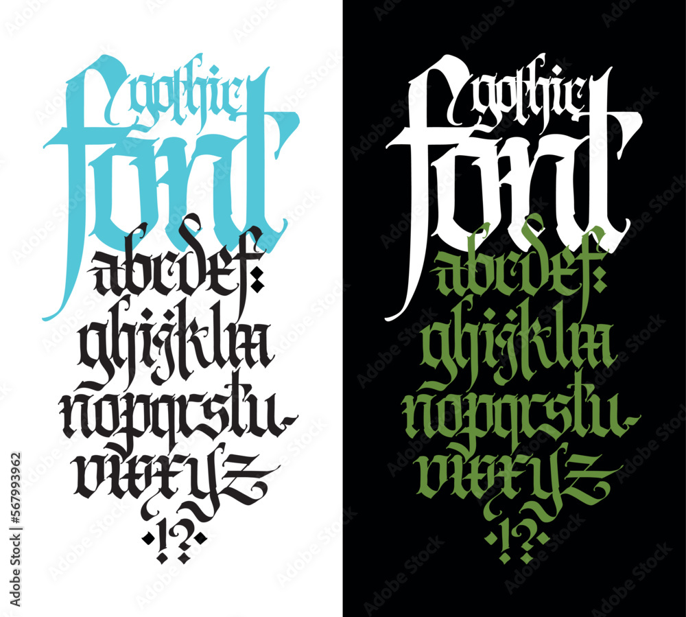 Naklejka premium Gothic. Vector. Lowercase letters on a white background. Beautiful and stylish calligraphy. Elegant European typeface for tattoo and design. Medieval Germanic modern style.
