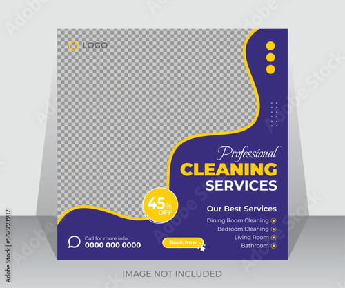 Cleaning service social media post banner template. House, Office, and hotel cleaning social media square banner or web ads poster design 