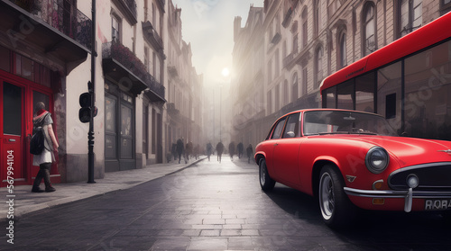 a car with a background of old city with traffic foggy atmosphere london style generative ai