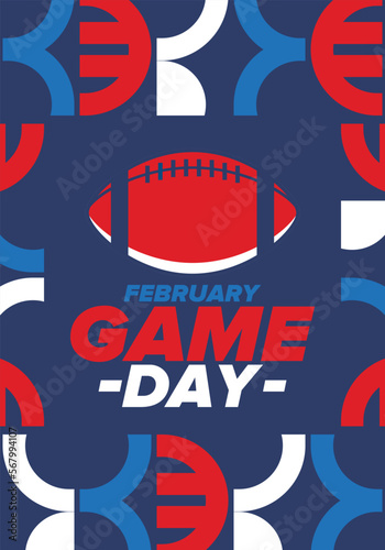 Game Day. American football playoff. Super Party in United States. Final game of regular season. Professional team championship. Ball for american football. Sport poster. Vector illustration