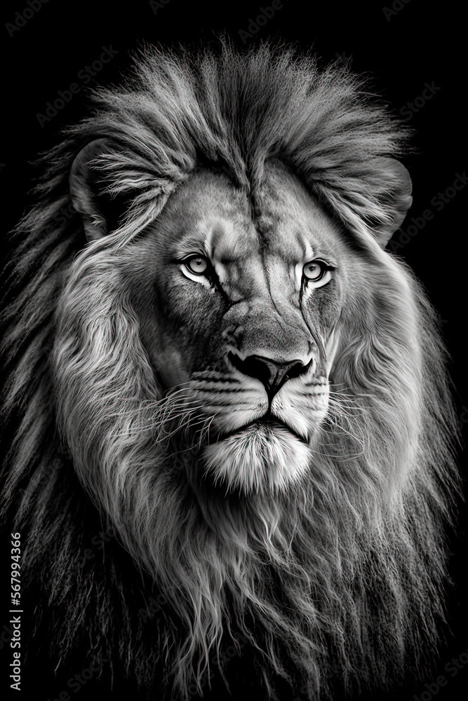 Amazing Black And White Lion Face Looking. Generative AI