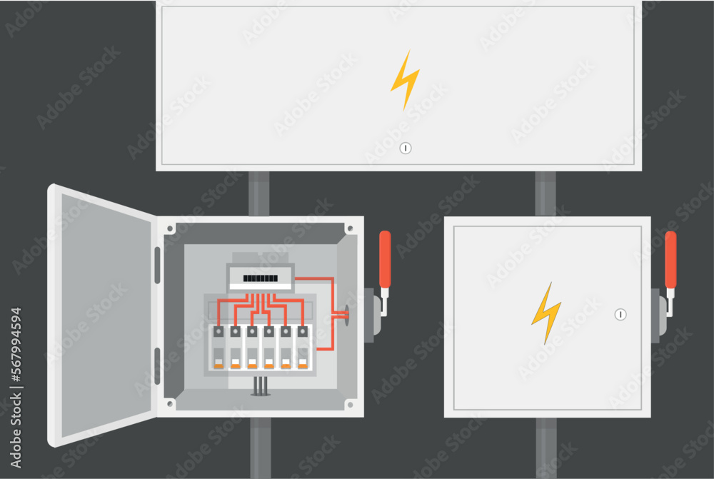 an electrical cabinet with switch, transformer, toggle switch, vector illustration - obrazy, fototapety, plakaty 