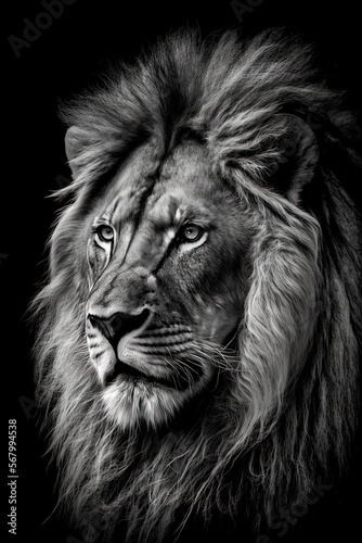 Amazing Black And White Lion Face Looking. Generative AI © Oleksandr