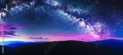 Digital art of milky way and pink light at mountains. Night colorful landscape and starry sky with hills at summer. Beautiful Universe.  © Faruk