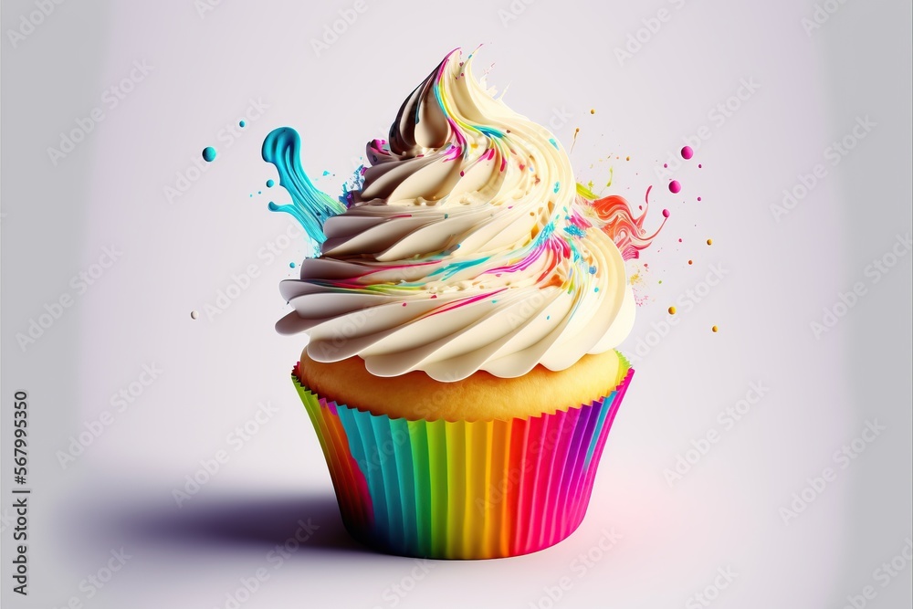 Rainbow cupcake with white cream on a white background. Colorful syrup splash. Beautiful waves. Generative AI