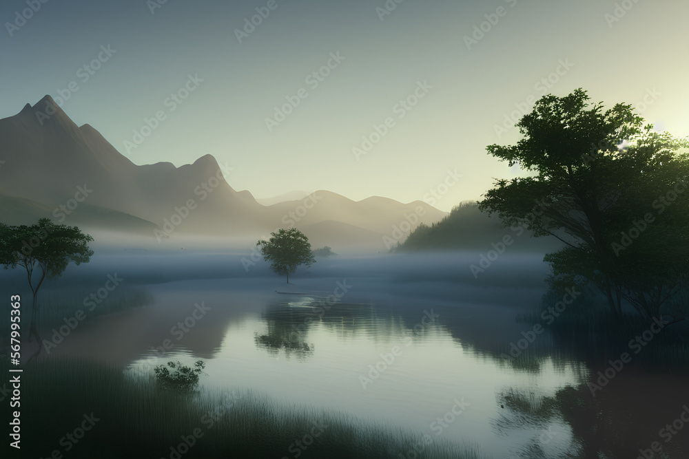 beautiful landscapes with A serene mountain range standing tall beside a tranquil river, shrouded in mist as the sun sets at dusk