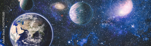 Earth and galaxies in space.Horizontal view for a glass panels . Template banner , Elements furnished by NASA .