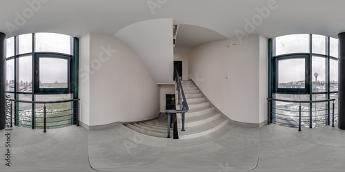 full seamless spherical hdri 360 panorama view in empty modern hall  staircase and panoramic windows in equirectangular projection  ready for AR VR content