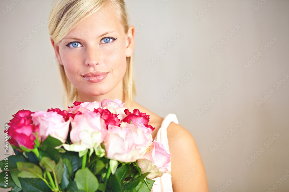 Portrait, mockup and woman with bouquet roses, smile and gift for Valentines day, happiness and studio background. Face, female or lady with flowers, love and joyful with peace or romance on backdrop Portrait, mockup and woman with bouquet roses, smile and gift for Valentines day, happiness and studio background. Face, female or lady with flowers, love and joyful with peace or romance on backdrop