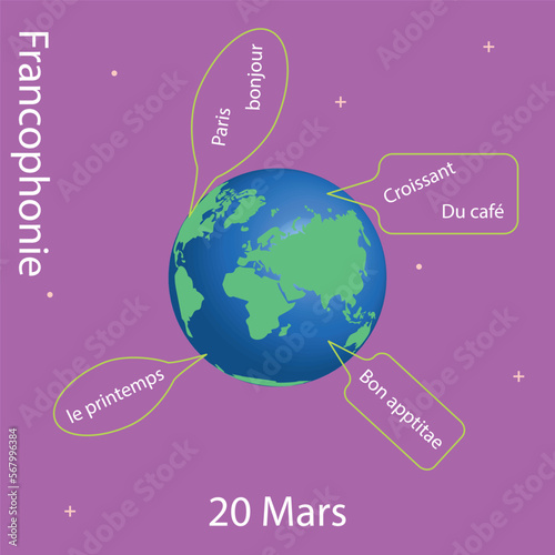 A francophonie banner or postcard. Against the background of the globe, words in French. Vector on a purple background. photo