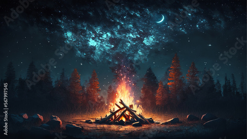 Print op canvas campfire in the forest