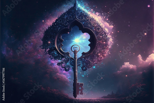 Magical key portal in the sky, copy space, Generative AI
