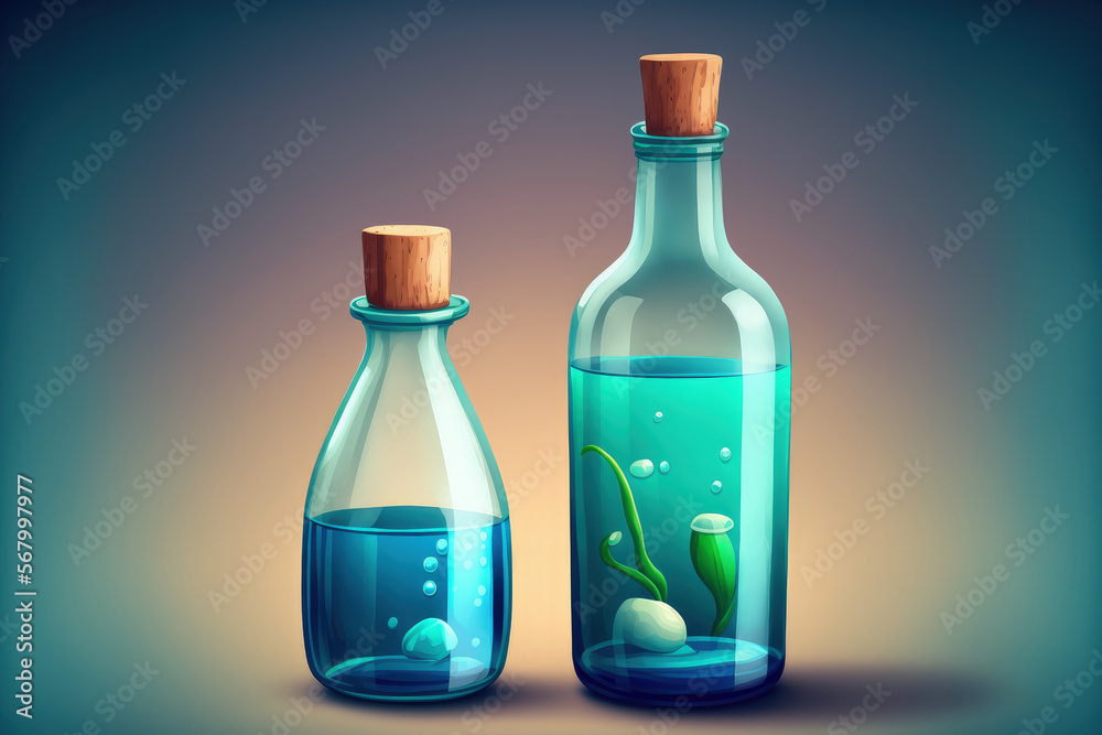 two glass bottles with different sizes of fresh water. Generative AI two glass bottles with different sizes of fresh water. Generative AI