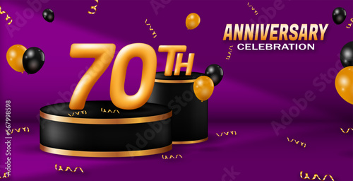 70th anniversary celebration banner. golden number with podium decoration, balloons and ribbon. for birthday or wedding greeting cards, etc. 3d vector realistic illustration