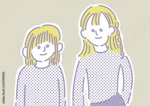 仲良しの姉妹の手描きイラスト
