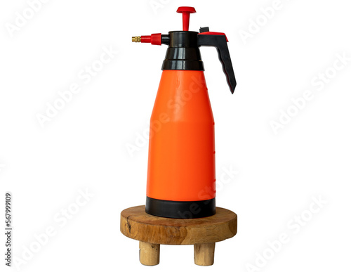 Sprayer hand pump on a wooden stand isolated on white background