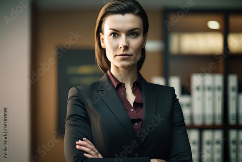 Confident business woman leader, elegant professional company executive ceo manager, wearing suit in office with arms crossed generated by AI 3D render