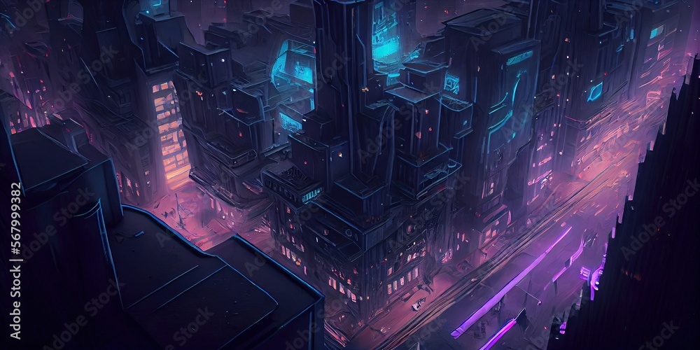 Fototapeta premium Futuristic anime cyberpunk cityscape. Sci-fi wallpaper. Retro future Ai Generative art.