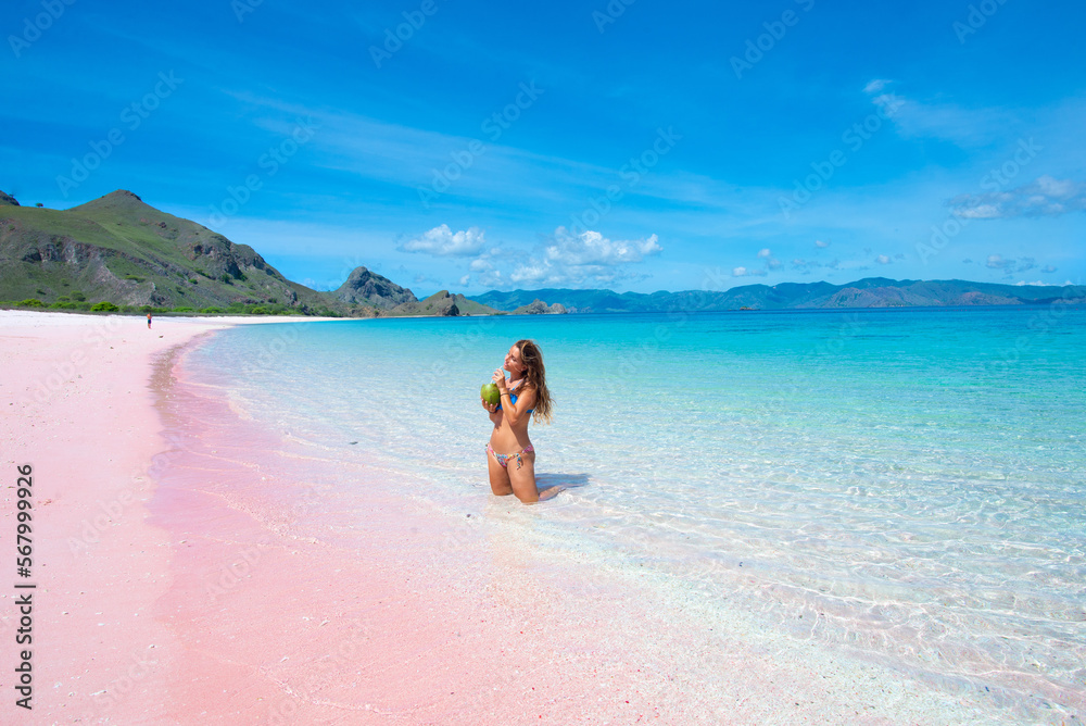 Girl On Ombre Pink Sand & Turquoise Water Beach Sips Coconut