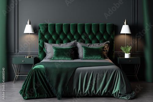 Bedroom in trend dark color green emerald and gray black. A bright empty background wall and a grey velor bed. Modern luxury interior design home or hotel apartment and rich furniture. Generative AI photo