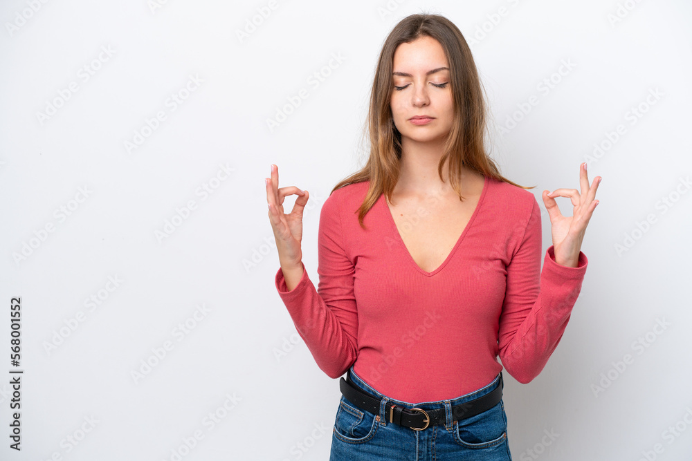Young caucasian woman isolated on white background in zen pose Young caucasian woman isolated on white background in zen pose