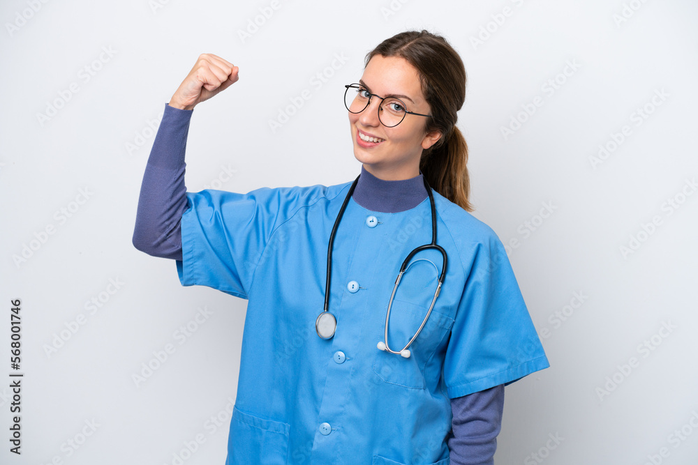 Young caucasian nurse woman isolated on white background doing strong gesture Young caucasian nurse woman isolated on white background doing strong gesture