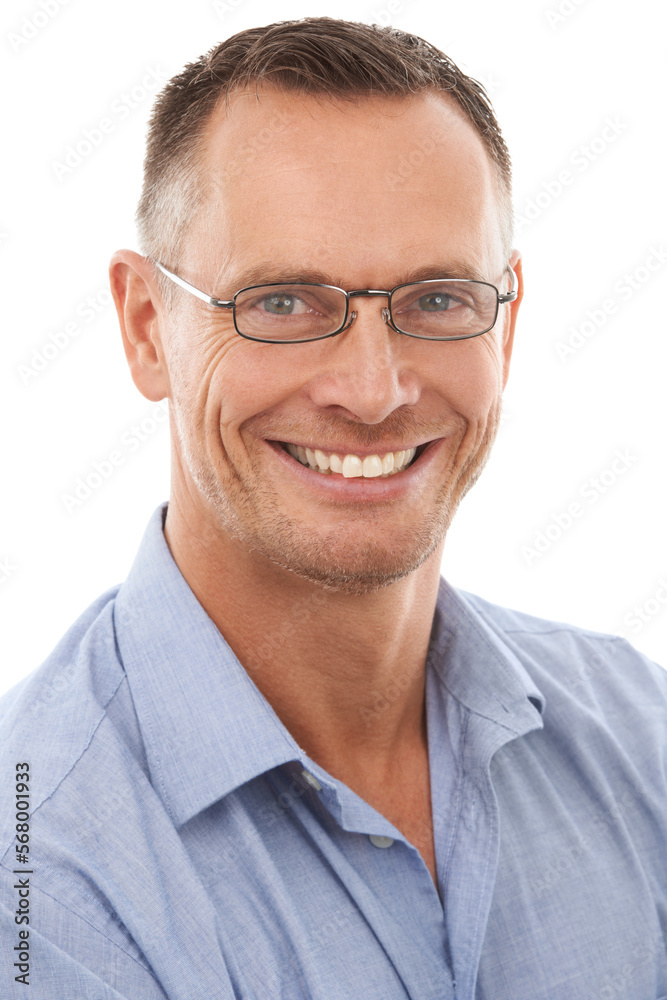 Happy, confident and portrait of a handsome man isolated on a white background in a studio. Smile, glasses and face of a businessman with confidence, success and vision for a company on a backdrop Happy, confident and portrait of a handsome man isolated on a white background in a studio. Smile, glasses and face of a businessman with confidence, success and vision for a company on a backdrop