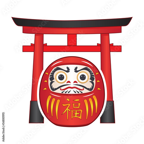 Daruma Japanese famous traditional doll background with Torii Shinto shrine gate drawing in cartoon vector