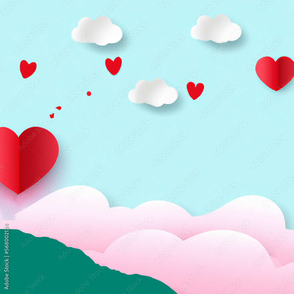 Valentine landscape 3:2 walpaper with cloud in above and flying heart balloon Created with Generative Ai technology