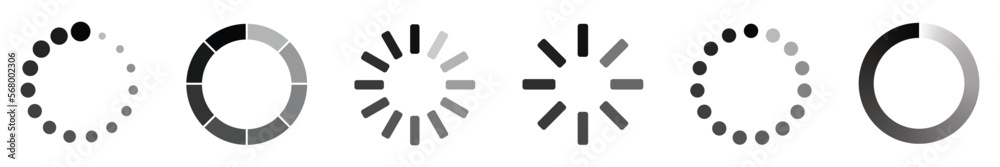 Loading icons set. Load bar icons. Set of loading icon in a row, isolated on white background. Loading icons set. Load bar icons. Set of loading icon in a row, isolated on white background.